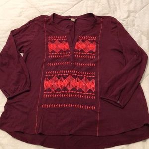 Lucky Brand womens XL Long sleeve shirt Burgandy with bright embroidery